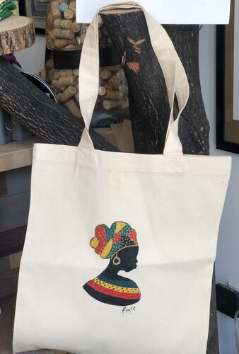 Hand Painted African Inspired Large Cotton Tote Bag One Of A Kind Reusable Black Beauty