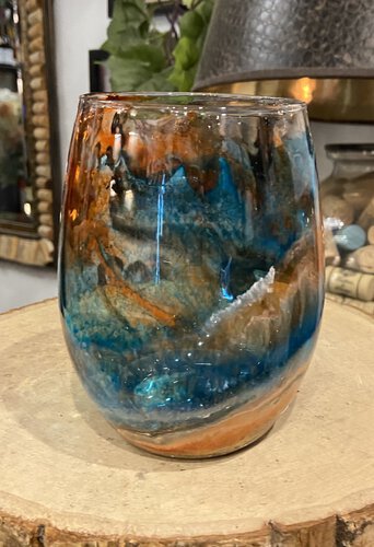 D And S Craftworks 20oz Aqua Blue With Gold And Coral Swirl Hand Made Single Stemless Glass