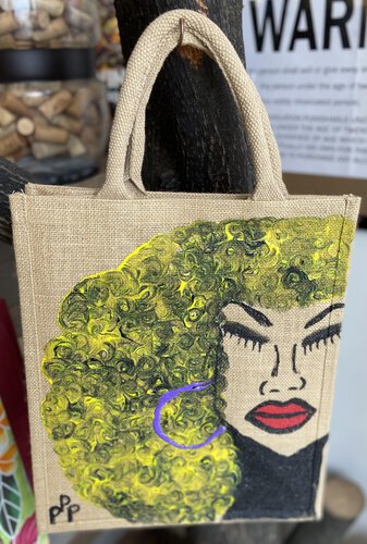 Ppp Artwork Hand Painted 6 Bottle Canvas Wine Bag Yellow Half Curly Fro With Red Lip And Purple Hoop Holds 6 Bottles With Dividers