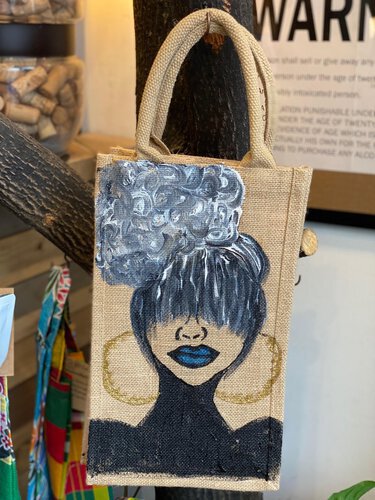 Ppp Artwork Hand Painted 4 Bottle Canvas Wine Bag Gray Hair Updo With Blue Lip And Gold Earring Holds 4 Bottles With Dividers